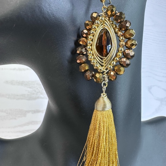 Handmade NEW Elegant Gold and Brown Tassel Earrings 14k gold platted - Picture 4 of 4
